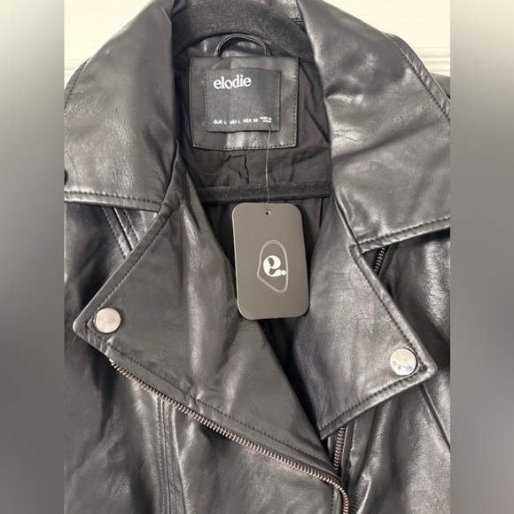 NWT Elodie Black Faux Leather Moto‎ Biker Jacket Full Zip Belted Women's Size L - Picture 2 of 5
